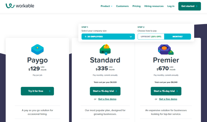 Workable pricing page