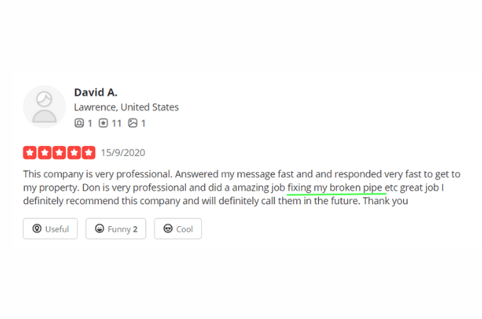 Screenshot of a Yelp review and a green line under the words, fixing my broken pipe.