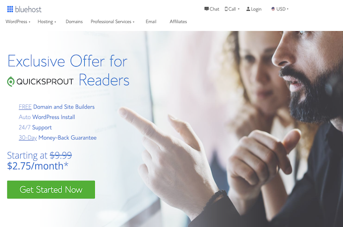 Bluehost pricing page with exclusive rate of $2.75 for Quick Sprout readers