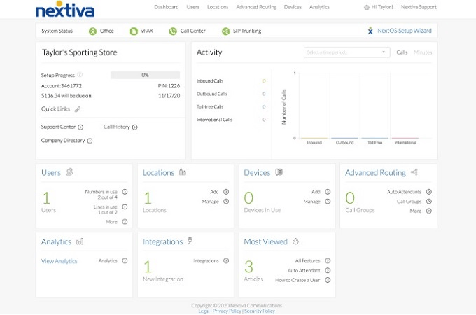 Screenshot from Nextiva's call center software showing example data and metrics for Taylor's Sporting Store.