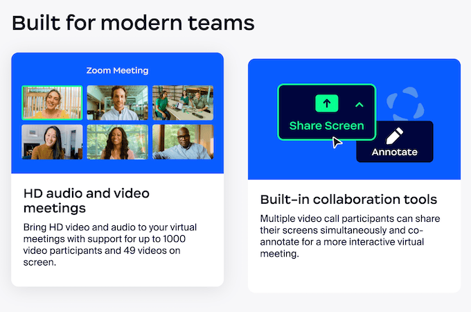 Screenshot of Zoom's product - meetings web page.