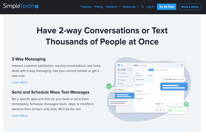 Screenshot of SimpleTexting's features web page.
