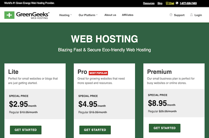 GreenGeek's pricing for web hosting