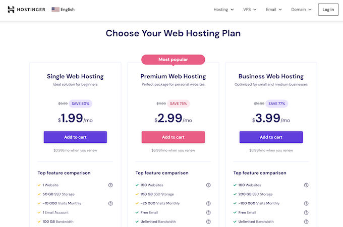 Hostinger pricing page