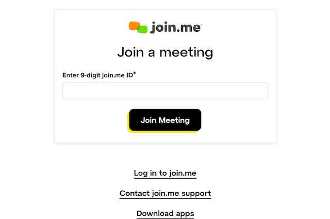 Screenshot of Join.me's join meeting web page showing join a meeting with 9-digit ID and join meeting button.