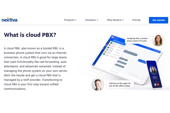 Screenshot from Nextiva's products cloud pbx page showing what is cloud PBX? with description answering the question.