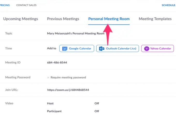 Screenshot of a Zoom call customization screen with a red arrow pointing to the personal meeting room feature.