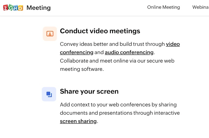 Screenshot of Zoho Meeting's meeting web page describing video meeting and share screen features.
