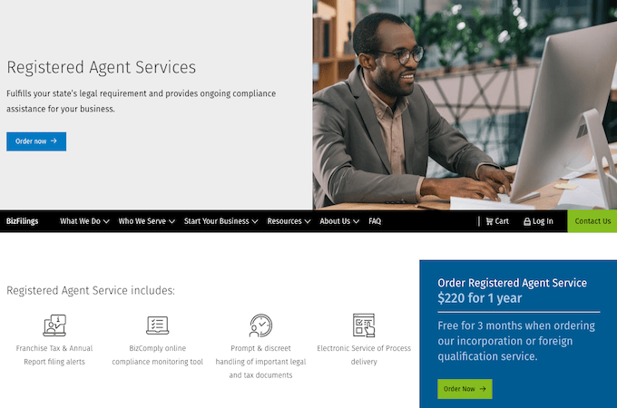 BizFilings Registered Agent Services webpage