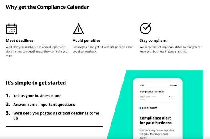 LegalZoom's Compliance Calendar webpage