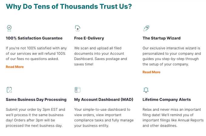 Screenshot of MyCompanyWorks webpage with headline that says "Why Do Tens of Thousands Trust Us?" with six answers