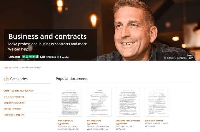 Screenshot of Rocket Lawyer's Business and contracts webpage