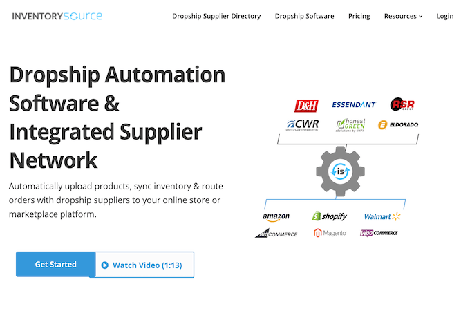 Inventory Source homepage showcasing dropship automation and integrated supplier network