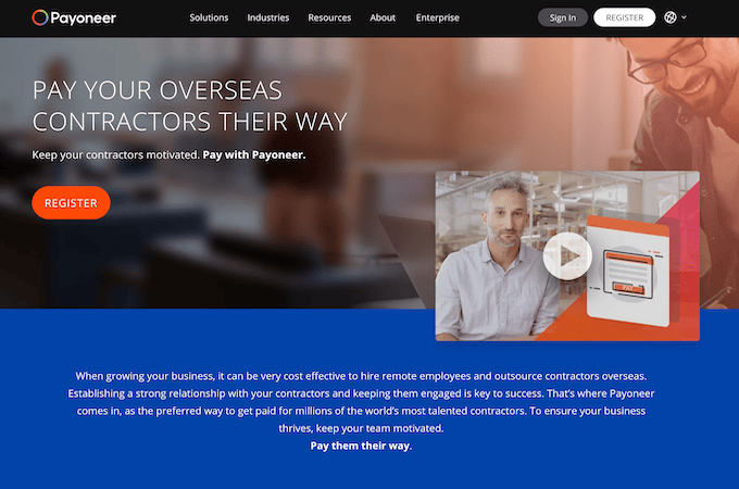Payoneer pay overseas contractors landing page.