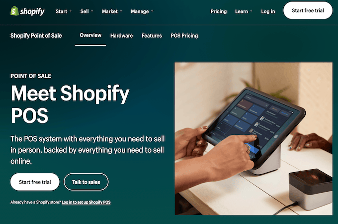 Shopify POS landing page with an image of the tool being used at checkout