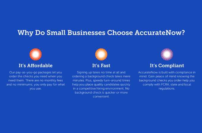 A screenshot showing a header against a blue background that reads “Why Do Small Businesses Choose AccurateNow?” Below are three colorful icons with information about Accurate’s affordability, speed, and compliance.