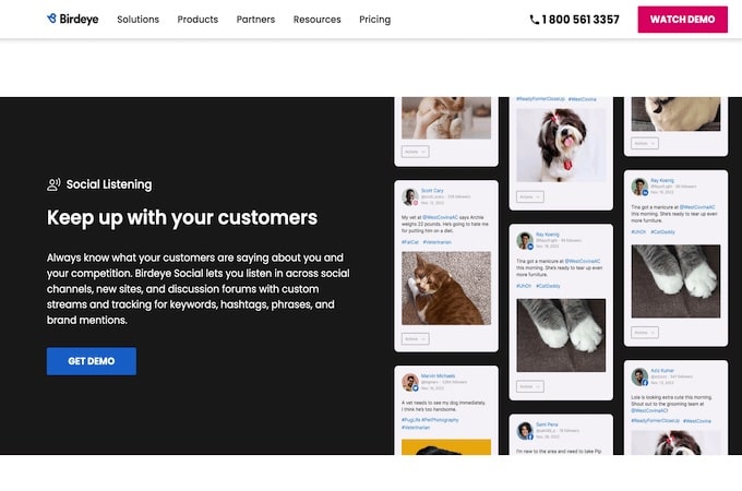 BirdEye social media management landing page highlighting its social listening feature.