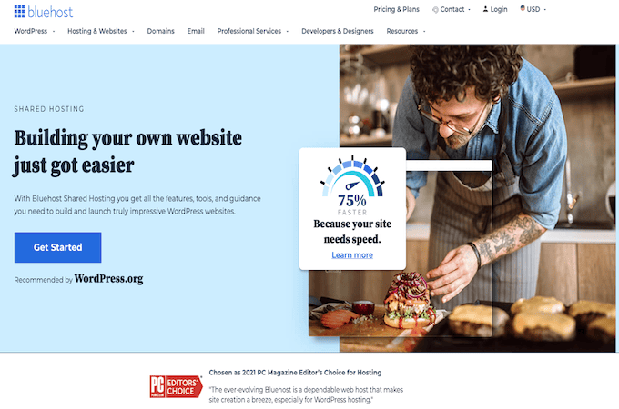 Bluehost get started page with man wearing an apron and putting toppings on a hamburger.