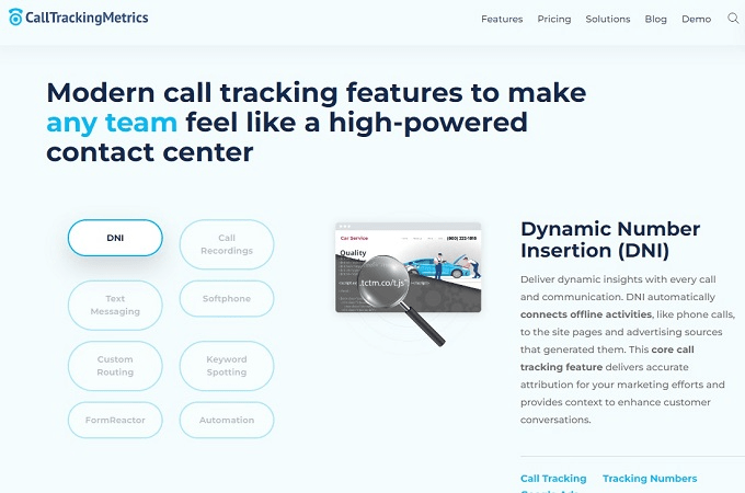 Call Tracking Metrics webpage highlighting Dynamic Number Insertion (DNI)