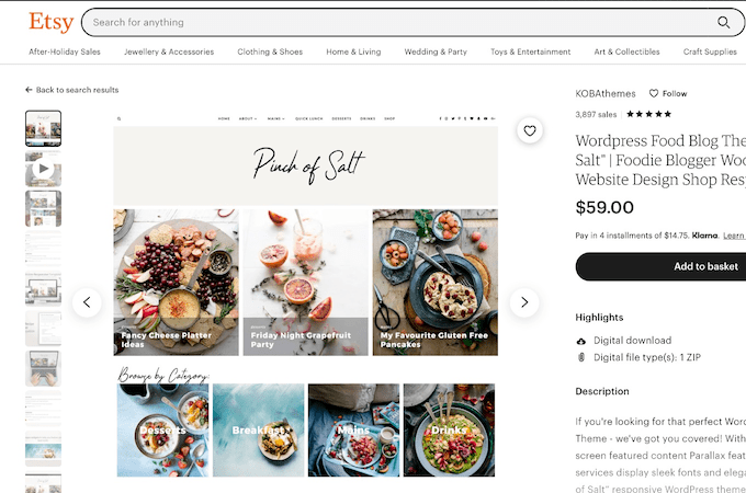 Example of a WordPress food blog theme in the Etsy store