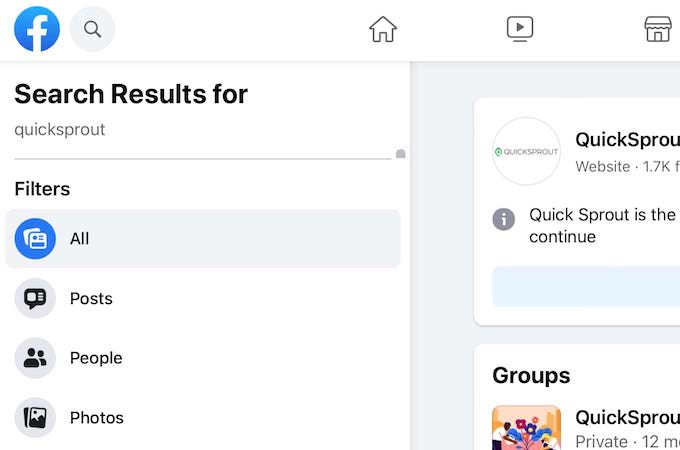 Image of Facebook search filter options.