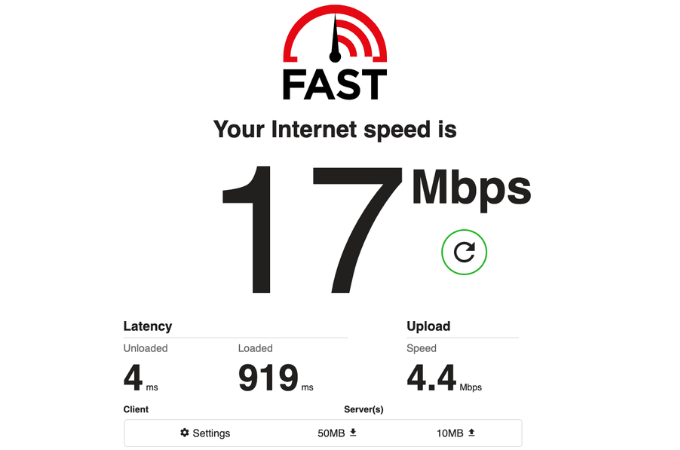Screenshot of results from Fast.com internet speed test