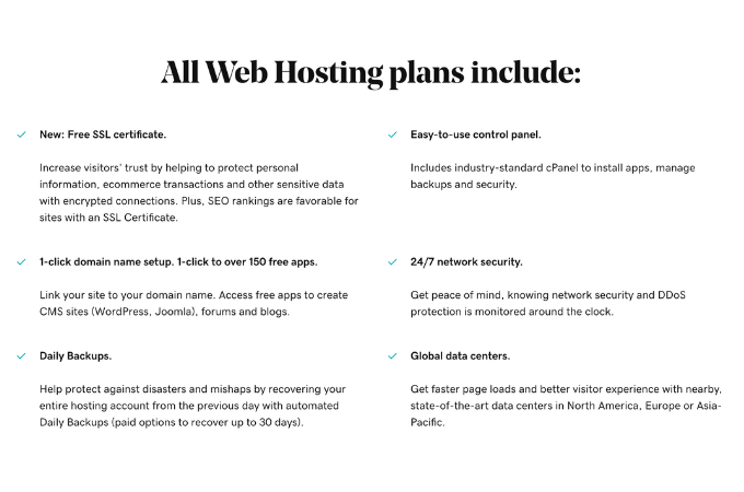 A header against a white background that reads “All Web Hosting plans include:” with descriptions of six different features below it.
