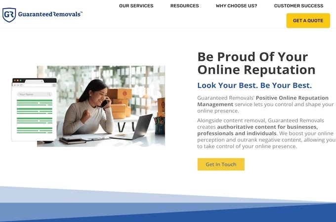 Guaranteed Removals reputation management landing page with a woman sitting at a desk in front of a laptop talking on the phone.
