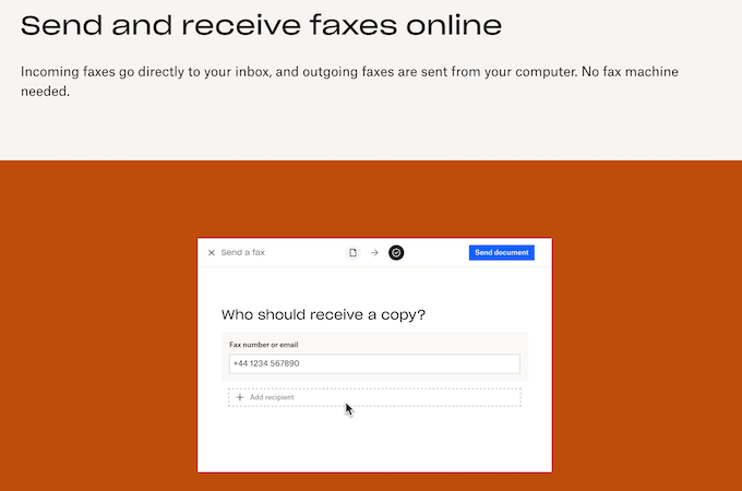 Screenshot from HelloFax webpage with header that says "Send and receive faxes online" with a box showing how you can add a recipient to your faxes