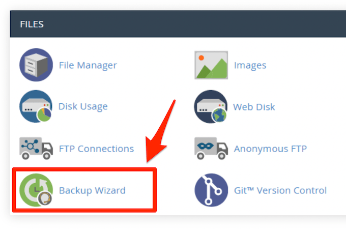 Example of cPanel with red arrow pointing to Backup Wizard button