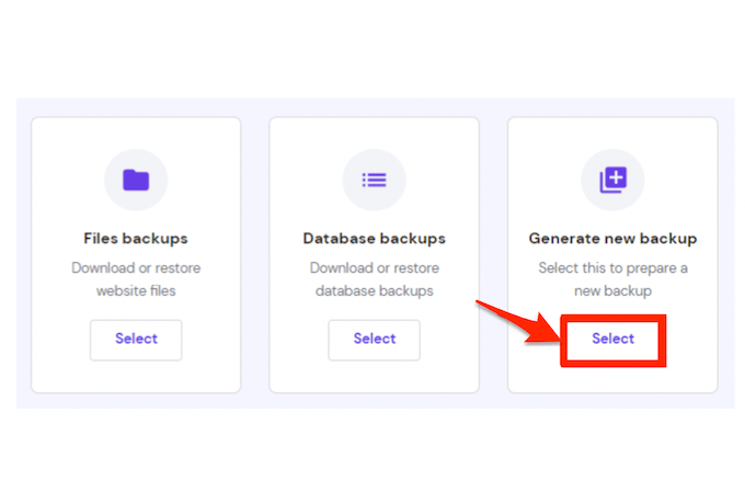 Hostinger Backups Screen with red arrow pointing to "Select" button under "Generate new backup"