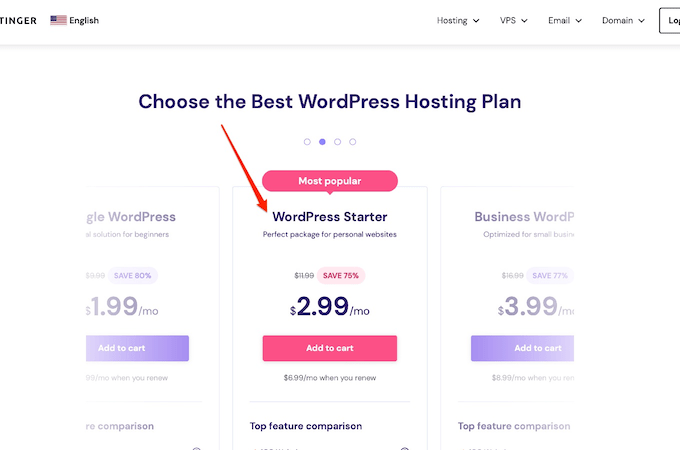 Hostinger WordPress hosting plan options with a red arrow pointing to the WordPress Starter plan for $2.99 per month