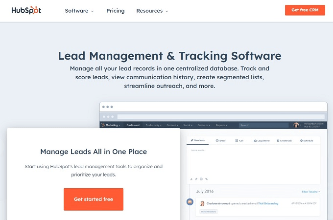 HubSpot webpage for Lead Management and Tracking Software