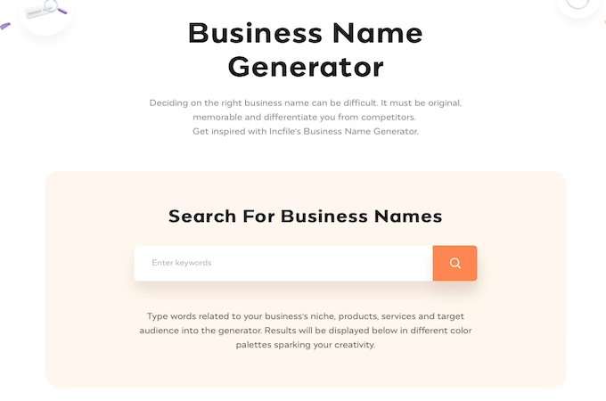 Incfile's business name generator start page.