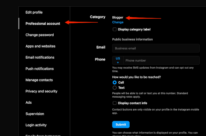 Instagram profile settings with red arrow pointing to Professional Account tab and another red arrow pointing to Blogger selection next to Category