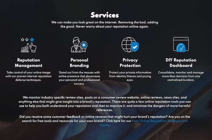 Image of services descriptions on InternetReputation home page