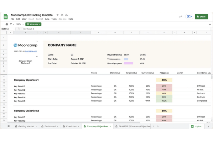 Example of Mooncamp's OKR tracking template