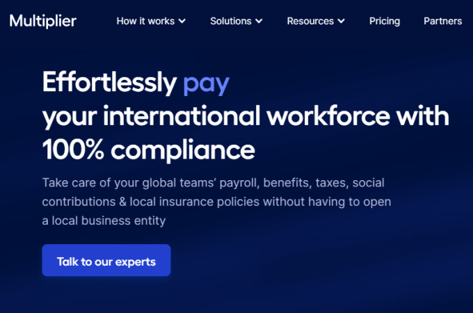 Multiplier landing page for international payroll services.