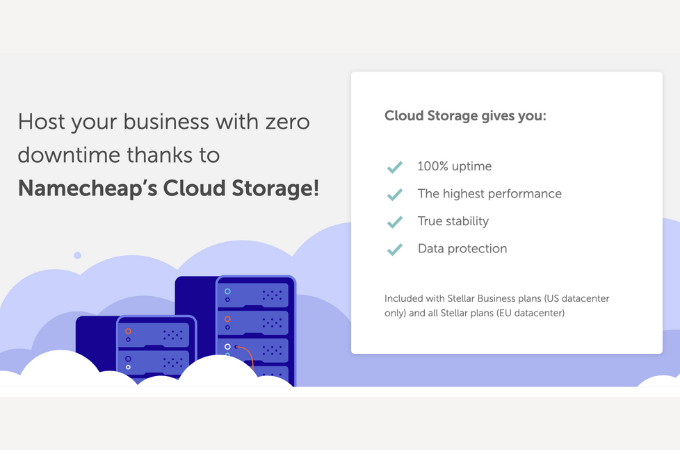 Text on the left that reads “Host your business with zero downtime thanks to Namecheap’s Cloud Storage!” against a background with clouds and web servers. On the right is a box with text explaining what you get with Namecheap cloud storage.