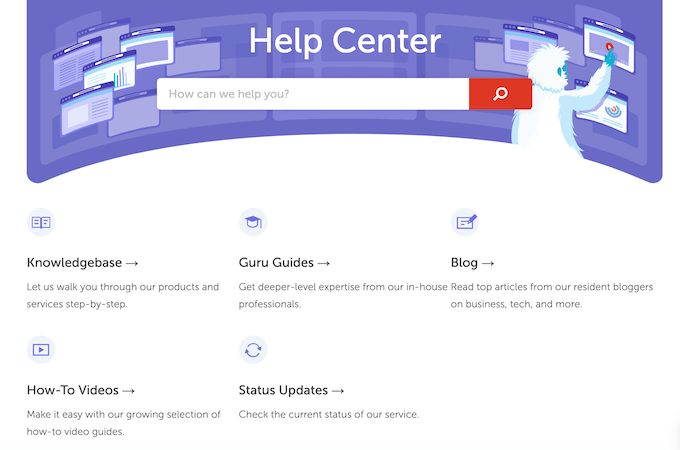 A search bar with “Help Center” above it against a purple background with a yeti surrounded by several screens. Below the search bar are several options for self-help resources.