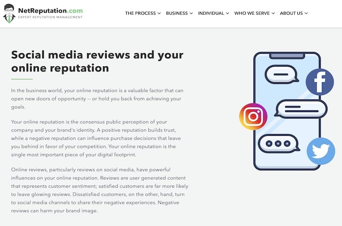 NetReputation’s social media landing page with an animated smartphone showing Facebook, Instagram, and Twitter logos.