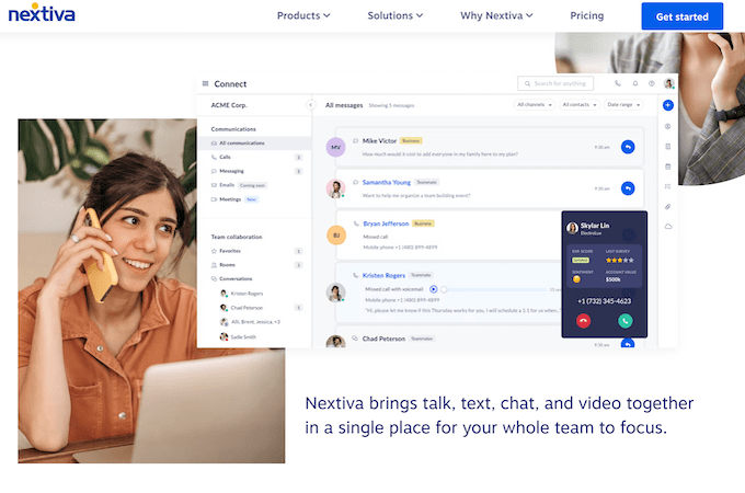 Nextiva webpage highlighting its all-in-one solution for talk, text, chat, and video