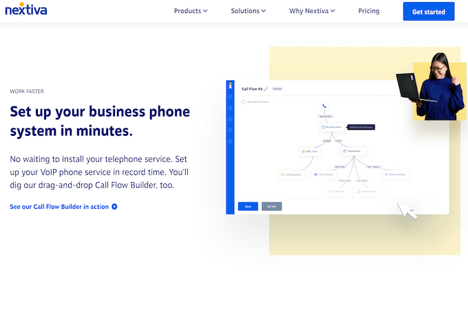 Nextiva VoIP webpage with headline that says "Set up your business phone system in minutes" and an example call flow diagram