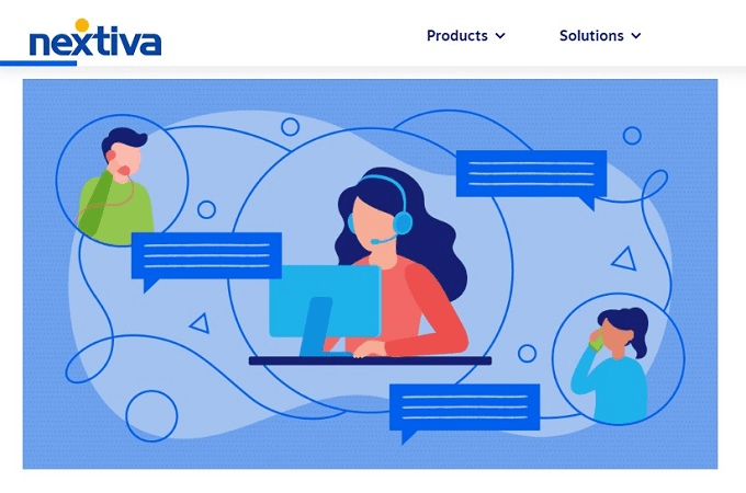 Animated Nextiva diagram showing a person wearing a a headset routing a call to two other people