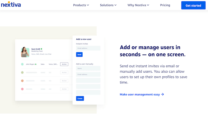 Nextiva user management webpage with headline that says "Add or manage users in seconds - on one screen"