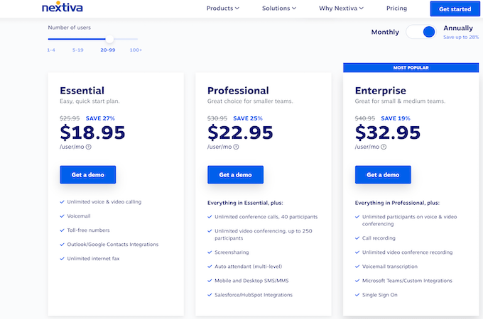 Nextiva VoIP pricing for Essential, Professional, and Enterprise plans