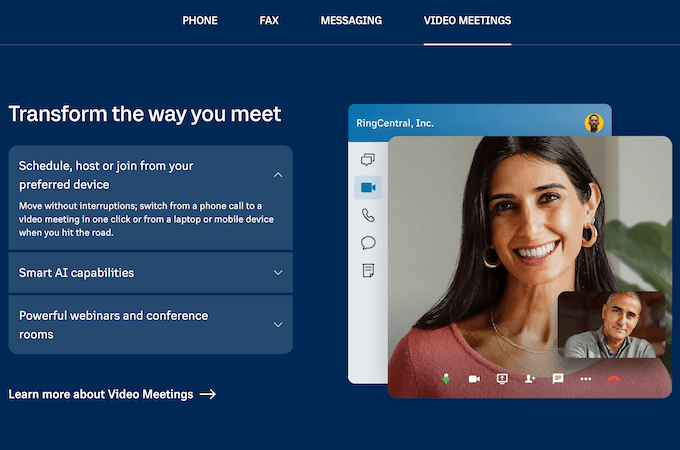 Screenshot of RingCentral's webpage for video meetings