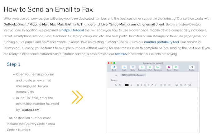 SRFax webpage with headline that says "How to Send an Email to Fax" and directions to complete Step 1 of the process