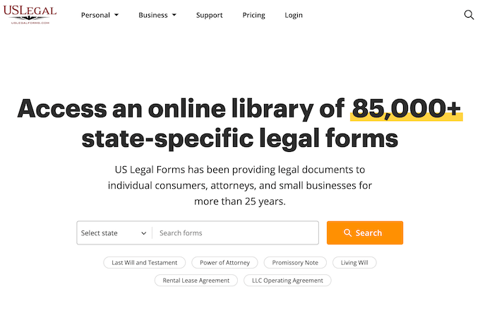 US Legal Forms homepage