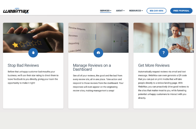 WebiMax reputation management webpage featuring snippets on how its service can help stop bad reviews, manage reviews on a dashboard, and get more reviews